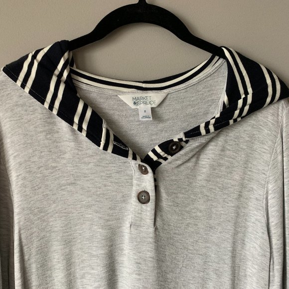 Soft & Cozy - Long Sleeve Top - Grey w/ Stripes on Hood - Button Neck - Picture 2 of 3